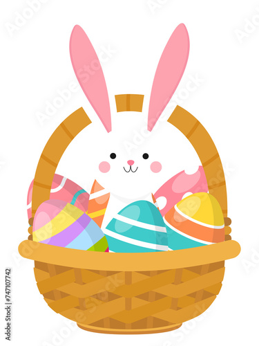 Easter basket with cute bunny on transparent background. PNG file