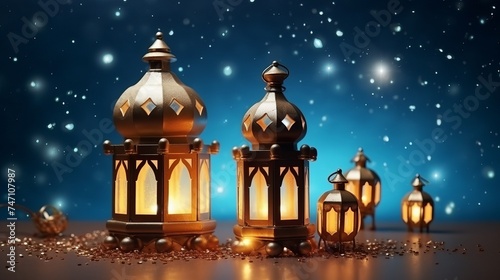 Ramadan, Eid al fitr concept backgrounds dates with Turkish traditional lantern Light Lamps,with confetti, Ramadan Kareem Mubarak 3d background. Translation of ramadan kareem is Blessed ramadan