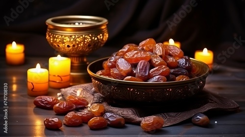 Ramadan Kareem and iftar muslim food, holiday concept. Bowl with dried dates and latterns with candles. Celebration idea