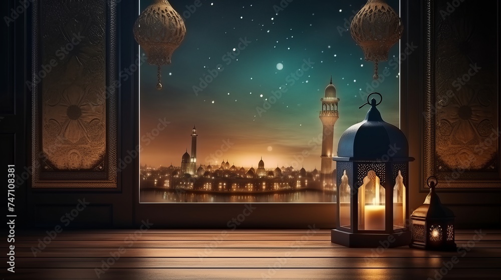 Ramadan Kareem background.Mosque window with lantern lightning and wooden table - obrazy, fototapety, plakaty 