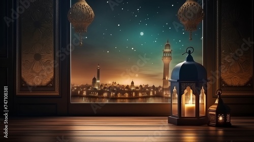 Ramadan Kareem background.Mosque window with lantern lightning and wooden table photo