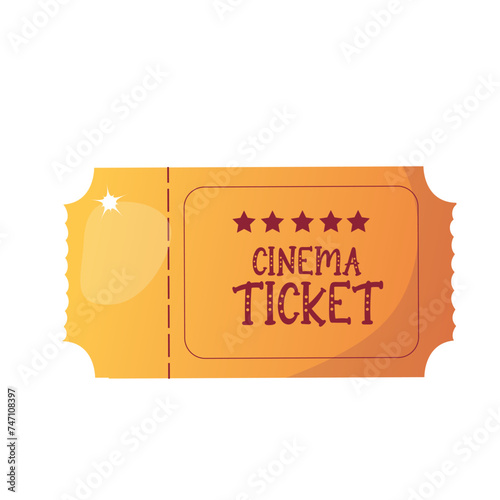 Cute cinema ticket to the evening movie in cartoon style. Admit one ticket for entertainment. Trendy stylized clipart in bright colors. Hand drawn vector doodle illustration isolated on background