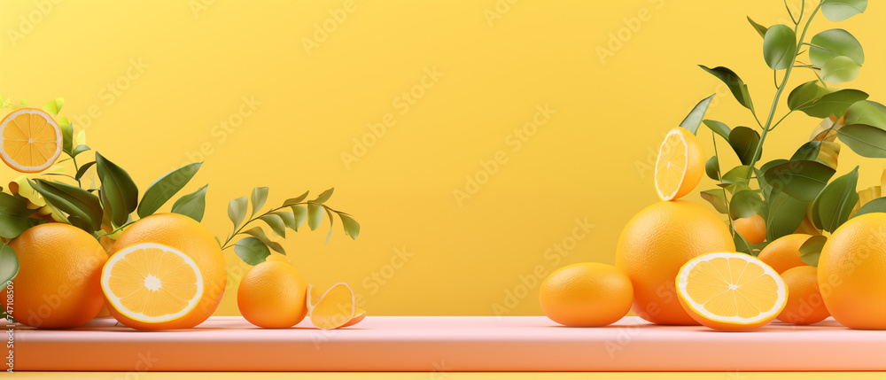Bright and fresh oranges artistically arranged with green leaves on a peach pedestal, set against a vibrant yellow background for a refreshing summer vibe. Bright and fresh oranges artistically arranged with green leaves on a peach pedestal, set against a vibrant yellow background for a refreshing summer vibe.