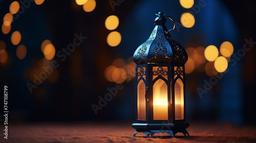 Ramadan Lantern in low light mode with arabesque background