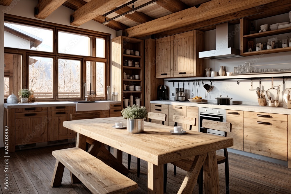 Natural Wood Textures: Modern Rustic Kitchen Designs in a Sunny Room
