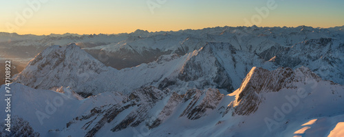 Sunrise morning glow at the Zugspitze with the huge glacier snow fields toughed by the sun