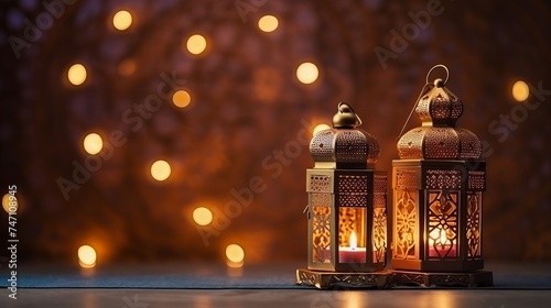 Ramadan mood at night with light decoration in the background