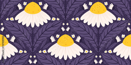 Seamless pattern with daisy flower in midnight violet color. Chamomile repeated surface design on purple background.