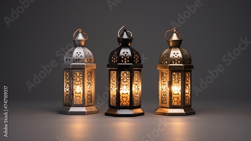 Three illuminated arabic lantern on grey background arabic lantern photo