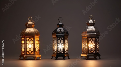 Three illuminated arabic lantern on grey background arabic lantern