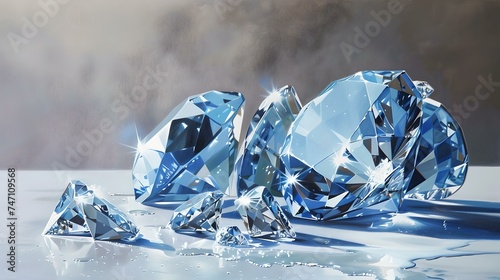Sparkling blue diamonds resting on reflective surface. luxurious gemstones concept photo. elegance and wealth representation. ideal for advertising jewelry. AI