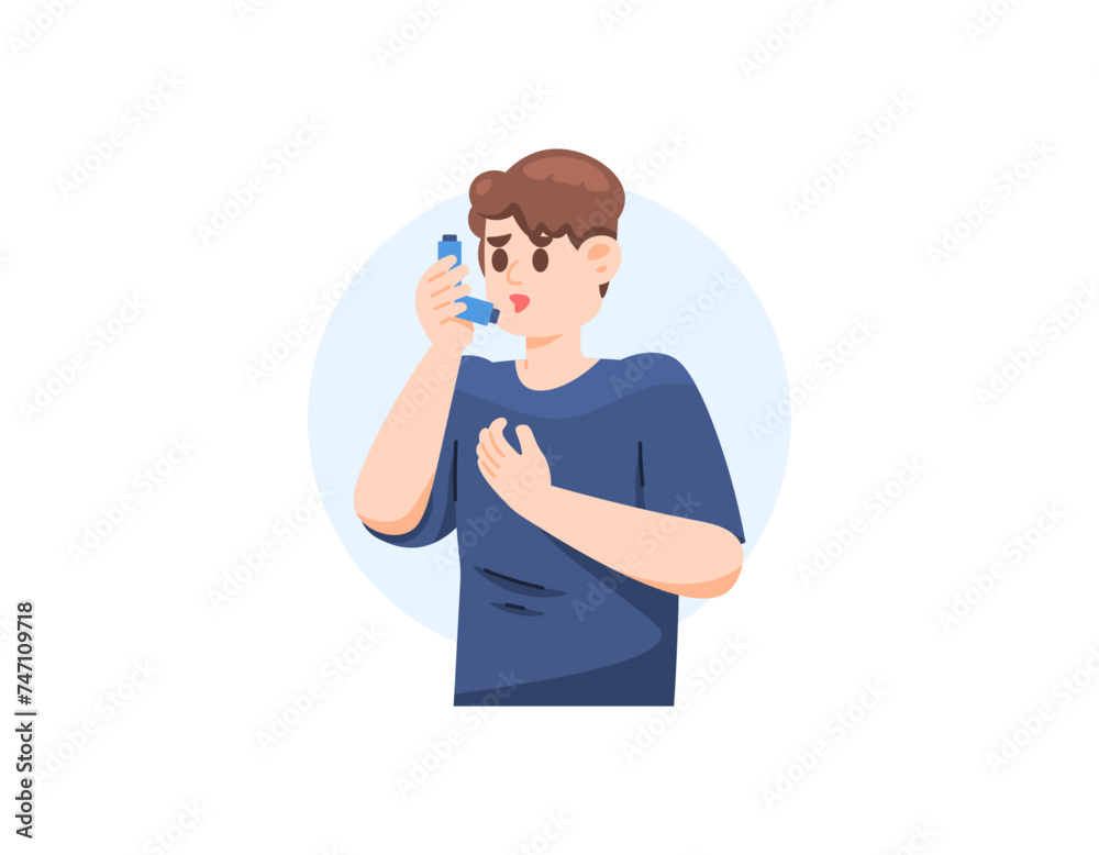illustration of a man using an inhaler because of shortness of breath. asthma symptoms. sufferers of respiratory disorders. health problems. flat style character illustration design. graphic element illustration of a man using an inhaler because of shortness of breath. asthma symptoms. sufferers of respiratory disorders. health problems. flat style character illustration design. graphic element