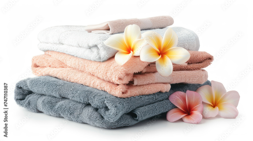 Different folded soft towels and plumeria flowers isolated on white.