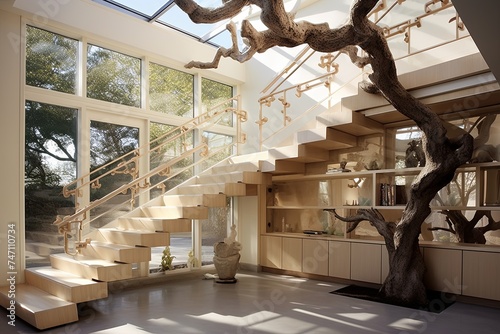 Multilevel Home Interior: Tree Branch Decor in Spacious Setting