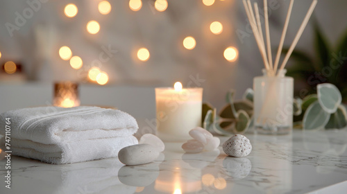 Spa composition. Towels, stones, reed air freshener and burning candles on white marble table against blurred lights.