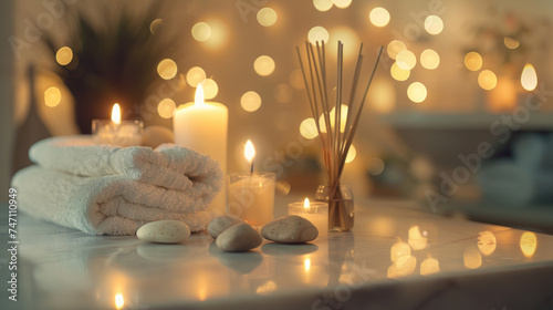 Spa composition. Towels, stones, reed air freshener and burning candles on white marble table against blurred lights.