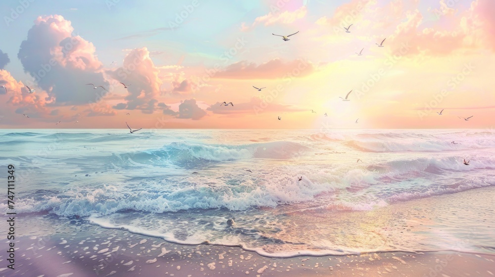 Soft hues of sunset grace the horizon in a peaceful watercolor beach scene, where gentle waves caress the shore and seagulls glide effortlessly through the evening sky. - obrazy, fototapety, plakaty 