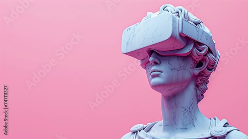 Classical Marble Greek Statue Wearing Virtual Reality Headset. Modern Meets Ancient. Pink Monochrome Background with copy space. AI Generated photo