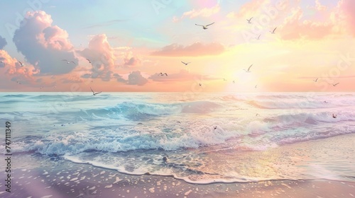 Soft hues of sunset grace the horizon in a peaceful watercolor beach scene, where gentle waves caress the shore and seagulls glide effortlessly through the evening sky.