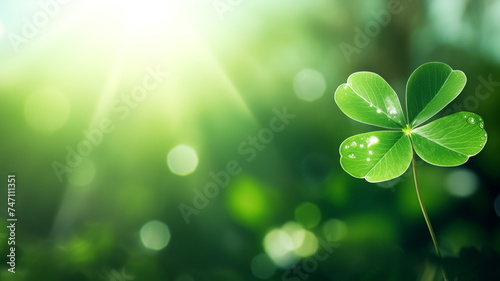 Green lucky clover with four leaves on blurred sunlight background. 