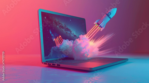 A spacecraft energetically emerges from a laptop, blending minimalist design with the thrill of space exploration and digital innovation, perfect for creative projects. photo