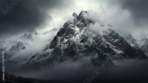 Snow capped mountain peak above clouds, revealing stunning views of jagged peaks and valleys below.