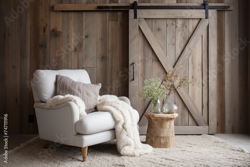 Chic Lounge Chair in Rustic Barn Door Home Interiors: A Barn Door Setting_v2.0 © Michael