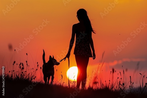 Silhouettes of a girl with a dog walking at sunset