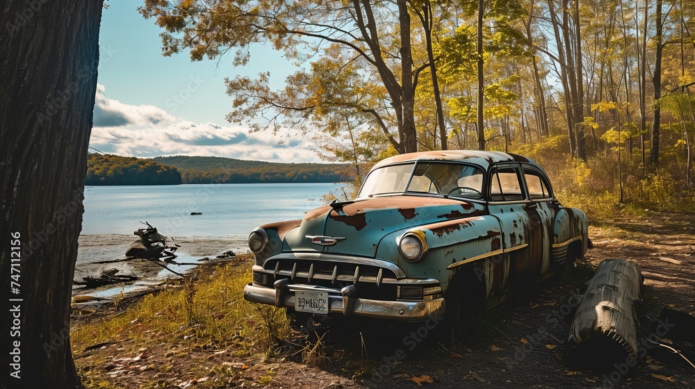 Vintage Abandoned Car by a Lake in Autumn Forest Scenery