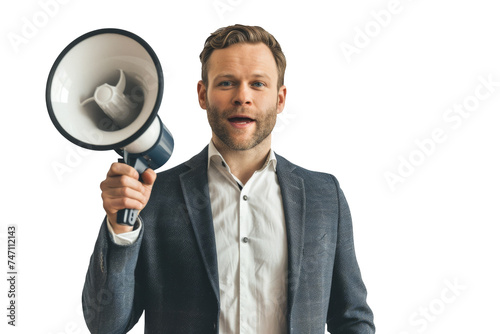 Confident Businessman with Megaphone on White Background