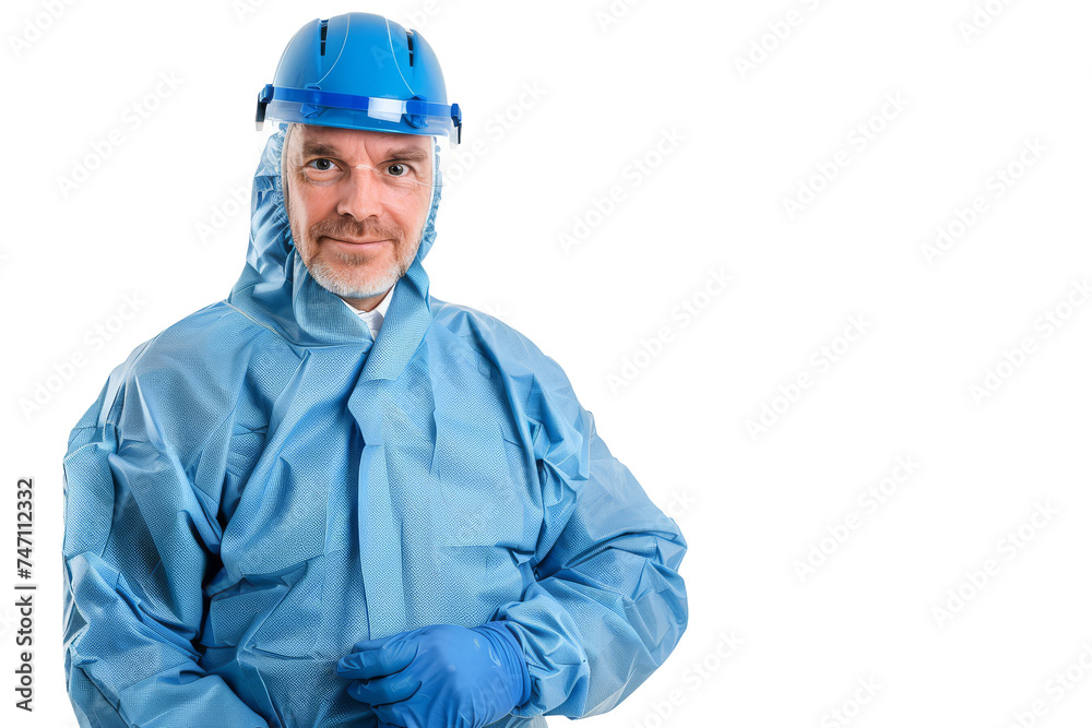 Confident Healthcare Professional in Blue Scrubs and Safety Helmet on White Background Confident Healthcare Professional in Blue Scrubs and Safety Helmet on White Background