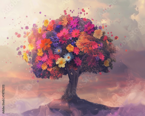 An ethereal brain-tree flourishing with vibrant flowers, each petal a story of resilience and mental health awareness