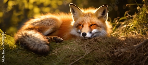 A close-up view of a stunning red fox lying calmly in a bed of vibrant green grass, blending seamlessly with its natural surroundings. © AkuAku