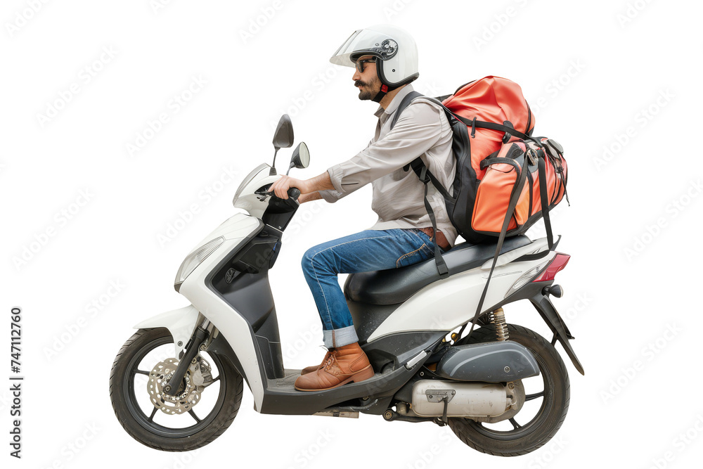 Delivery Person with Large Backpack on Scooter on White Background Delivery Person with Large Backpack on Scooter on White Background