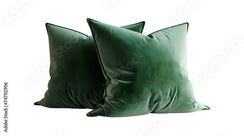  A pair of luxurious emerald green velvet throw pillows positioned elegantly on a sophisticated, Transparent background