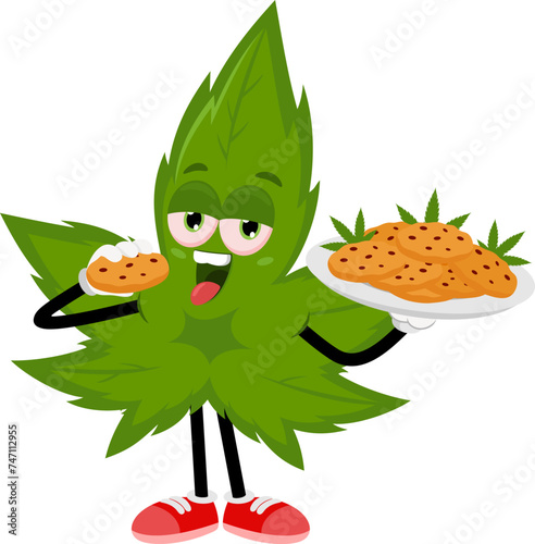 Funny Marijuana Leaf Cartoon Character Showing Best Cannabis Cookies. Vector Illustration Flat Design Isolated On Transparent Background