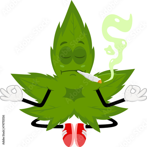 Funny Marijuana Leaf Cartoon Character Smoking A Joint And Meditates. Vector Illustration Flat Design Isolated On Transparent Background