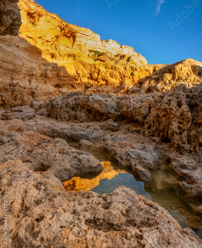 Canyons, stunning rock formations and toidal pools, Algar seco cliffs, Carvoeiro, Lagoa, Algarve, Portugal.