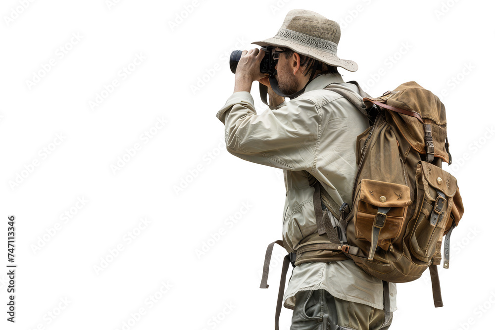 Fototapeta premium Intrepid Explorer in Safari Outfit Using Binoculars