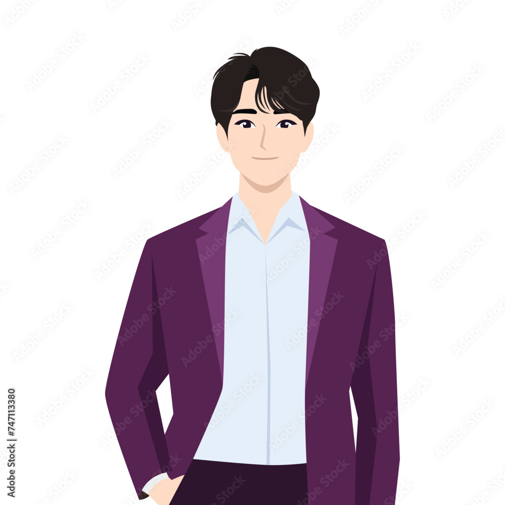 Elegant young man in business suit. Hand inside pocket. Flat vector illustration isolated on white background Elegant young man in business suit. Hand inside pocket. Flat vector illustration isolated on white background