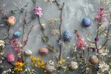 easter eggs and flowers on grey background, a wreath of flowers and easter eggs nests and green leaves