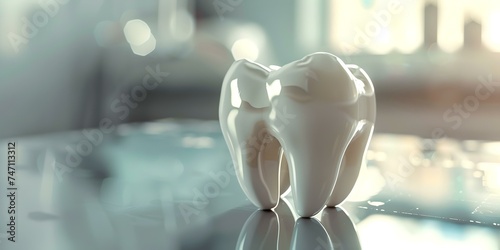 Pristine dental model captures the essence of perfect oral health. glossy tooth replica in sunlit dental office. AI