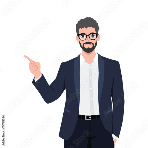 Happy bearded businessman pointing up index finger gesture to copy space.  Flat vector illustration isolated on white background