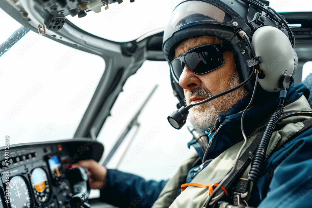 Experienced Helicopter Pilot Flying in Cockpit with Headset and Sunglasses Experienced Helicopter Pilot Flying in Cockpit with Headset and Sunglasses