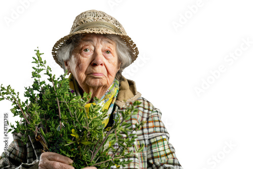 Cheerful Senior Woman with a Sun Hat Holding a Potted Plant on White Background