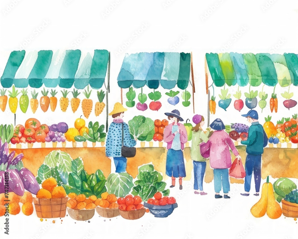 In a lively farmers market scene depicted in vibrant watercolors, the abundance of fresh produce and smiling faces creates a cheerful and inviting atmosphere.