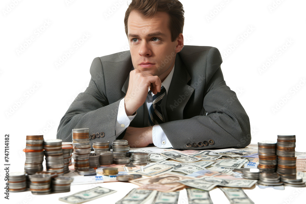 Thoughtful Young Businessman with Money on Desk Pondering Financial Strategies Thoughtful Young Businessman with Money on Desk Pondering Financial Strategies
