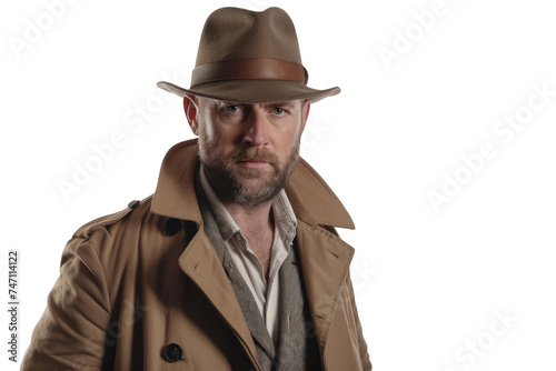 Serious Detective in Hat and Trench Coat on White Background