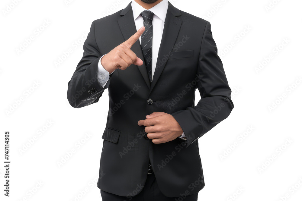Confident Businessman in Suit Gesturing Number One Confident Businessman in Suit Gesturing Number One
