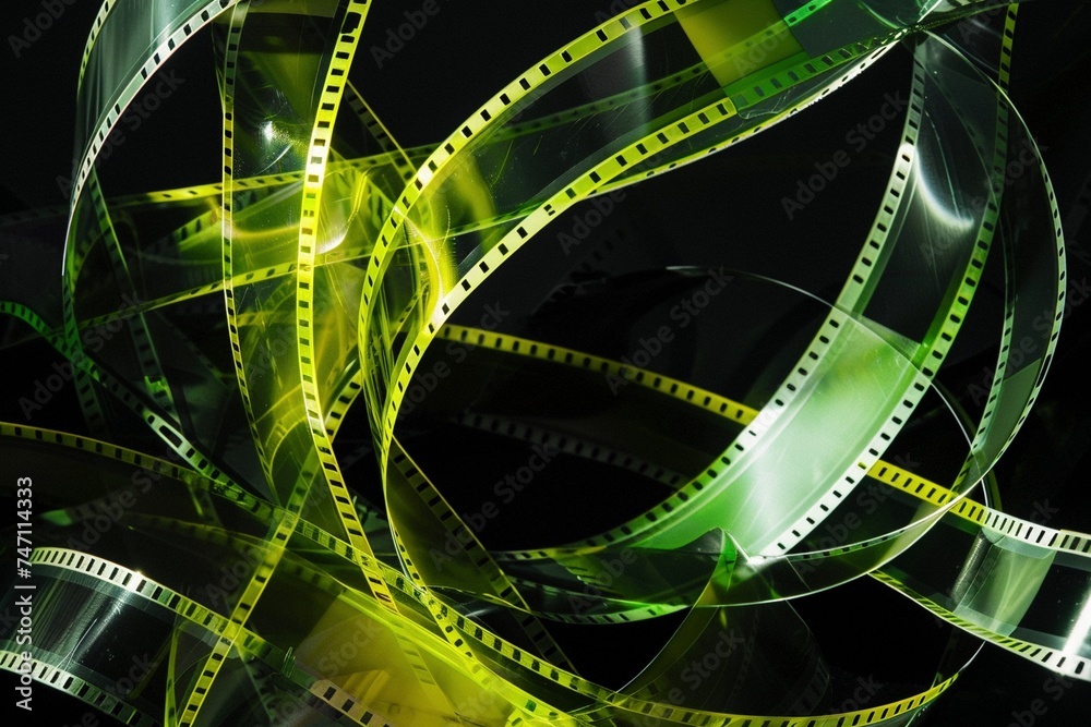 Chromatic Cinema: Light Yellow and Green Film Strips Grace Black Background with Transparency and Smooth Lines
